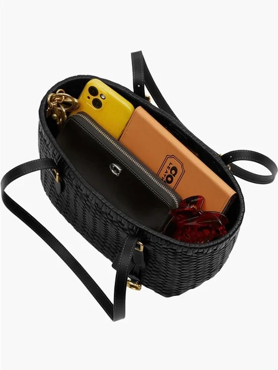 NWT Coach Black Woven Leather SwingTote with Brushed Brass Hardware - Picture 8 of 10